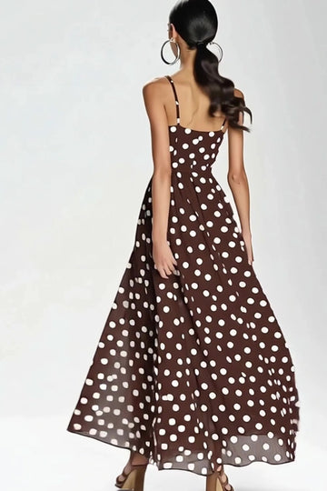 Coffee A Line Spaghetti Straps Long White Polka Dots Dress